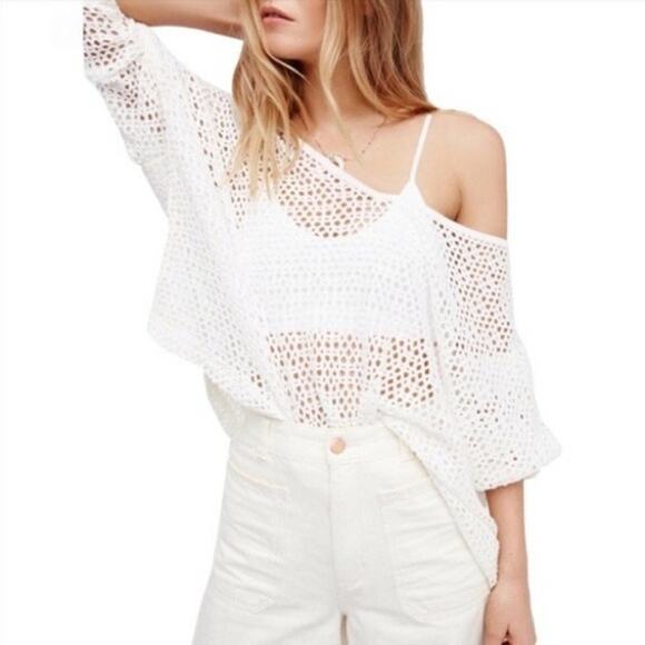 FREE PEOPLE Napa Crochet White Off The‎ Shoulder Oversized Extra Small Mesh Top - Picture 2 of 5